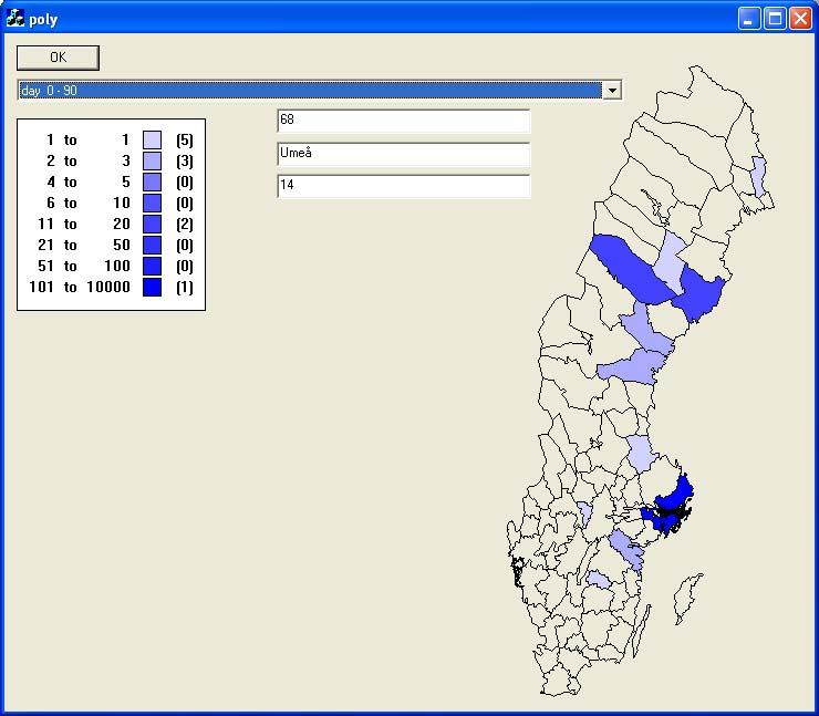 Info om den region som anges i de vita Bild 25. Programmet Poly visar smittspridningen i Sveriges regioner de första 10 dagarna.