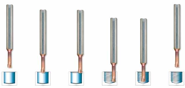 Skärdata för gängfräs typ MTSH Hardcut Material Hårdhet Vc Matning /tand HRC m/min Ø 1,5 Ø 2 Ø 3 Ø 4 Ø 5 Ø 6 Ø 7 Ø 8 Ø 9 Ø 10 Ø 12 45-50 60-70 0,04 0,04 0,05 0,05 0,06 0,06 0,07 0,07 0,08 0,08 0,09