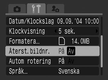 Återställa filnumret Bilderna du tar får automatiskt filnummer. Du kan ange hur du vill att filnummer ska tilldelas.