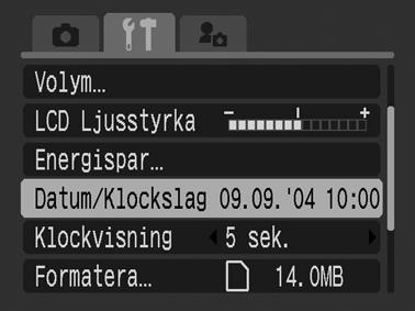 Ställa in datum och klockslag Menyn Datum/Klockslag visas när kameran sätts på för första gången eller när laddningsnivån i det inbyggda uppladdningsbara litiumbatteriet är låg.