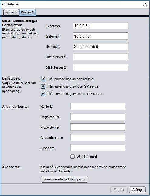 Flik Domän 1: Nätverksinställningar Porttelefon: Här ställer man in de nätverksinställningar som ska gälla för porttelefonmodulen, den behöver en IP-adress, gateway, nätmask och IP-adresser till