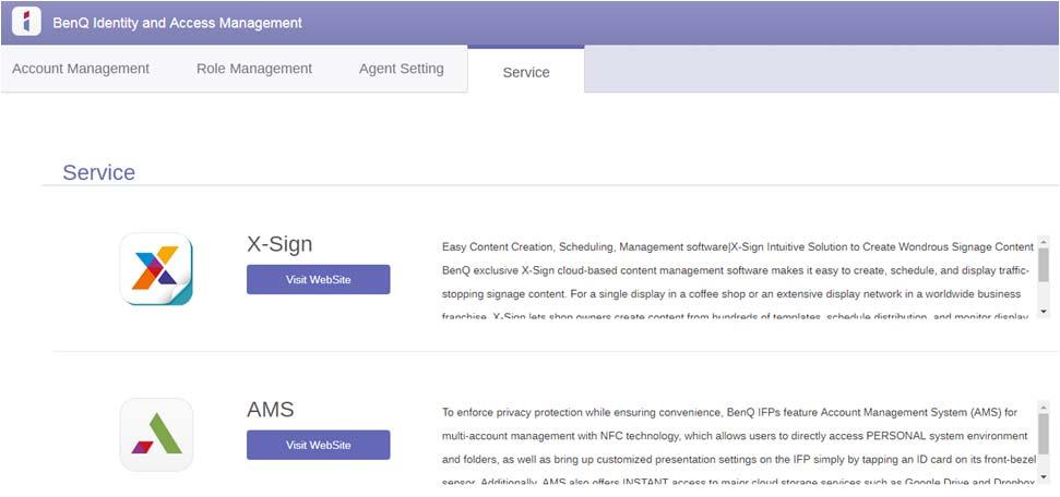 Hantera BenQ AMS Klicka på Tjänst för åtkomst till BenQ AMS.