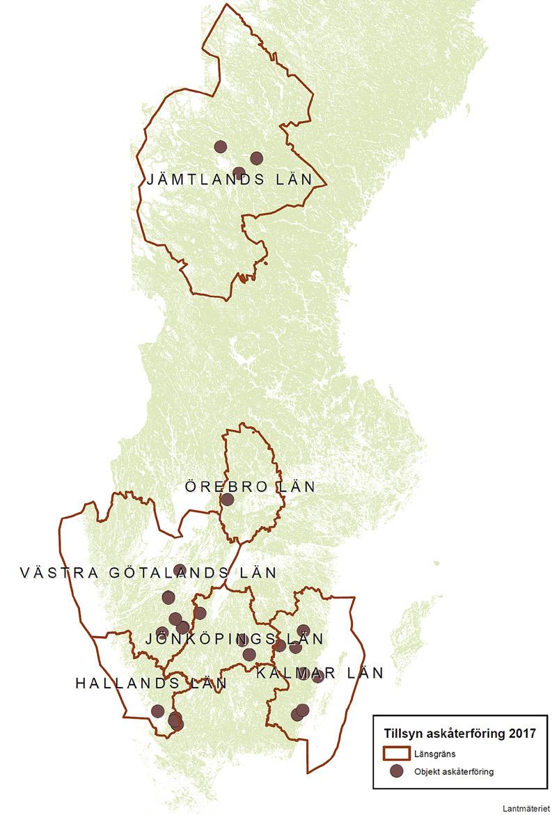 Figur 2. Fördelning av inventerade askåterförda områden över landet.