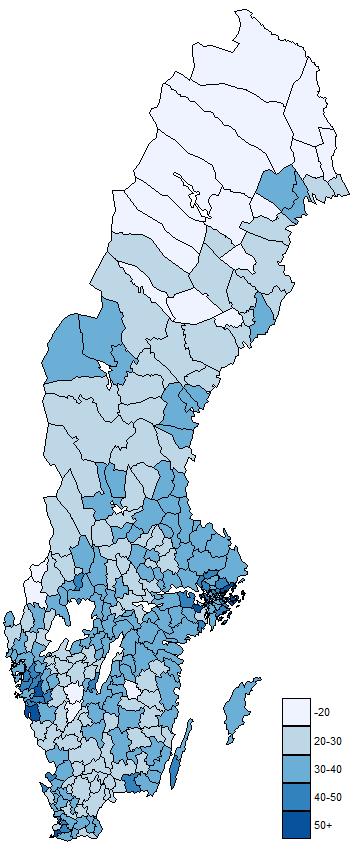 SKULDSÄTTNING I OLIKA ÅLDERSGRUPPER I SVERIGE 19 Diagram 12. Andel personer över 65 år med bolån, fördelat på kommun Procent Diagram 13.