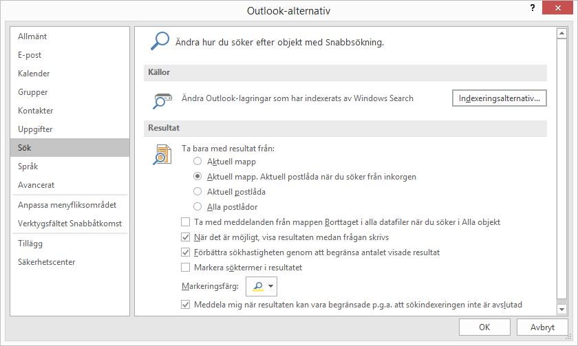 Med Outlook 2016 är det enklare att hitta e-post, genom att du får förslag på nyckelord och kontakter baserat på innehållet i din postlåda från Exchange version 2016 Du kan snabbt hitta