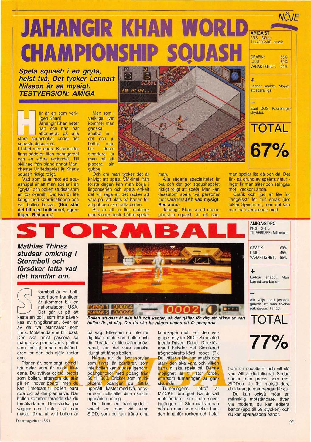 JAHANGIR KHAN WORLD CHAMPIONSHIP SQUASH Spela squash i en gryta, helst två. Det tycker Lennart Nilsson är så mysigt. TESTVERSION: AMIGA är är en som verkligen Khan!