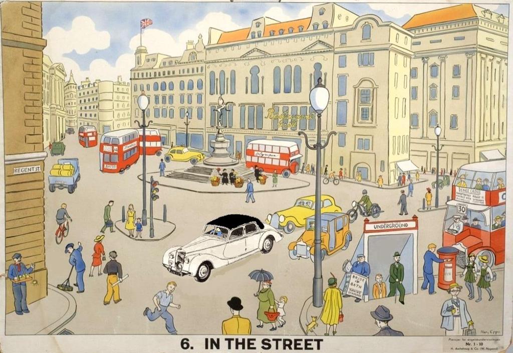 RILEYBLADET Piccadilly Circus Sida 9 En skolplansch! Den visar Piccadilly Circus i London, utförd av Mary Epps. Tryckt och utgiven av Aschehougs Förlag i Olso 1951.