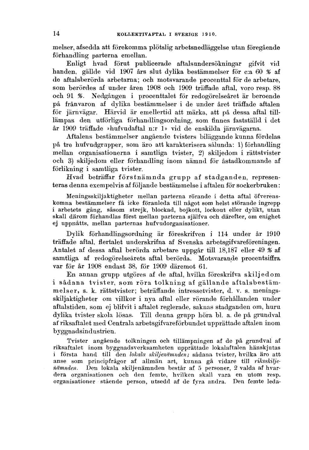 14 KOLLEKTIVAFTAL I SVERIGE 1910. melser, afsedda att förekomma plötslig arbetsnedläggelse utan föregående förhandling parterna emellan.