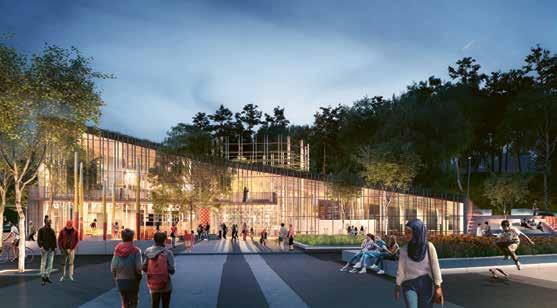 Kulturhuset är utformat så att det växer ut ur en befintlig kulle, skruvar sig neråt och landar på ett torg.