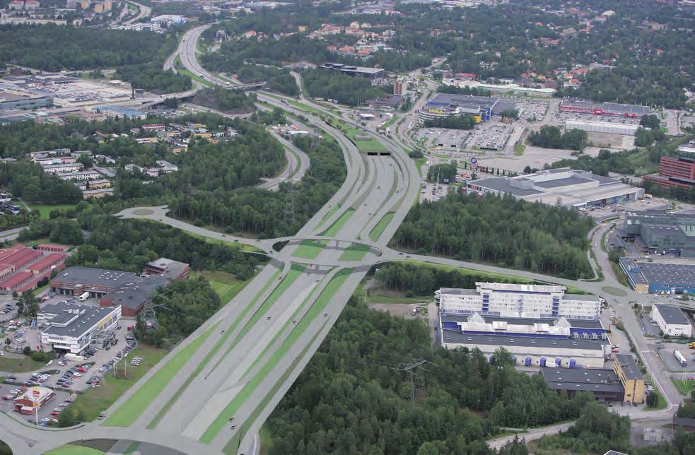 E20-trafiken fortsätter mot Stockholm och Essingeleden, se figur 1.7. I arbetsplanen redovisas en anslutning utan Masmolänken som planeras ansluta mellan trafikplatserna Vårby och Lindvreten.