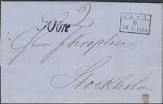 1868 till STOCKHOLM 1.TUR 15.6. Även blå FRANCO-stpl, samt rödkritanotering 4 (Hamburg sch) = 3 Sgr = 27 öre.