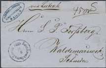 500:- Holstein. Inkommande obetalt brev sänt från Kiel via Lübeck till Waldemarksvik. Avgångsstämplat 9.10.1861, samt transit KDOPA LÜBECK 9.10.1861 och YSTAD 12.