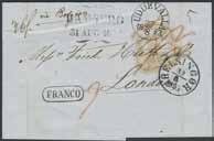 Röd PAID 26 AU 1849. 1.000:- 83K 81 82 83 Storbritannien. Brev sänt från UDDEVALLA 27.8.1853 till London, via Belgien.