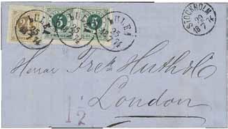 Ankomststämplat LONDON SHIP-LETTER PAID, LONDON-W.C. KM och LONDON E.C. A 5 18.MR.72.