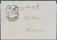 23 october 1855. Postal: 5000:- 1.500:- Inrikes. Lösenstämpel 4 SK. STOCKHOLM 15.7.1857 på brev sänt pr ångf.