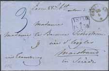 Inkommande obetalt brev sänt under skillingperioden, från CARLSBAD 28.6, via BERLIN 30.6, STRALSUND NACH 3A 1.7 och YSTAD 4.7.1856, till Marstrand.