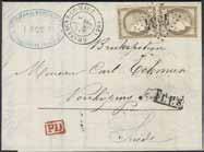 74, LYON A PARIS 1.OCT.74, PARIS ETRANGER 2.OCT.74, PKXP NR 2 4.10.1874 och PD. Ovanlig och eftersökt stämpel. 8.000:- 168P Förfilatelisamlingar / Collections prephilately 1820 1860-tal.