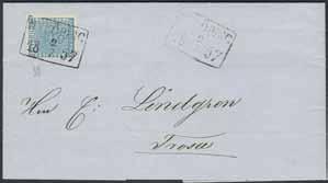 LYX-stämplat UMEÅ 19.11.1856. P: 1500:-. 500:- 196 2f 4 skill blå, tätt bottentryck, medeltjockt papper. LYX-stämplat WADSTENA 1.7.1857.