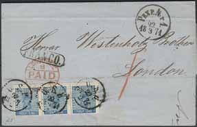 500:- 244 243 245 243K 9c 3 12 öre blå, 1865 års tandning i trestrip på vackert brev till London,