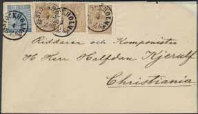 280 280K 14Bc 2, 9c3 3 3+12 öre som mycket ovanlig kombination på brev sänt från STOCKHOLM 4.2.1868 till Norge. Ett vackert objekt, trots ett par ktt p.g.a. märkenas placering, samt brevomslaget lätt renoverat och med pappersförlust.