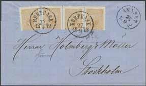 2.1872 (P: 1500:-), samt ANK 2.3. Intyg HOW 3 (1,1,2) (5,5) 4 (1990). UTSTÄLLNINGSOBJEKT. F 25000 * 10.000:- 283K 14Bg 4 3 öre gråaktigt orangebrun, typ II, på vackert brev sänt från BURTRÄSK 27.9.1872 (bättre stpl), via ÅNÄSET 28.
