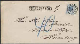 307 307 21m 12 öre blå. LYX-stämplat TROSA 28.1.1876. Ngt kt. 500:- 308 308K 21m 12 öre blå som underfrankering av portot 24 öre för brev sänt till Tyskland.