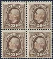 000:- 399 58 1891 Oscar II 30 öre brun. Fyrblock. F 6400 éé 1.