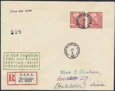 514 515 FDC 514K 276BB 1942 Gustaf V 20 öre BB-par på Rek FDC STOCKHOLM PFFS. 17.3.42. 2.500:- 515K 394+413SX Synnerligen ovanligt FDC 10.3.58 i fyrblock. 3.500:- 516 517 518 Helsaker / Postal stationery 516K bkd13 Frågekort sänt från STOCKHOLM 19.