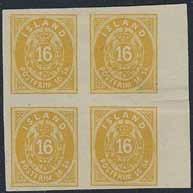 000:- 727 5v 3 1873 Skilding values 3 sk grey perf 12½ postcancelled. Reykjavik 25.6. F 5000 500:- 728 6 1873 Skilding values 4 sk red, perf 12½. Round corner perf bottom left. F 12500 é 1.