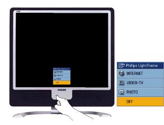 Produktinformation 1) När du trycker på snabbvalsknappen för LightFrame TM öppnas ett OSD-fönster. Tryck flera gånger på knappen för att bläddra mellan lägena för Internet, Foto och Video-TV.