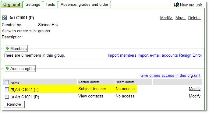 I detta exempel heter gruppen med ämneslärare Art C1001 (T) och denna ges nu kontakträttigheten Ämneslärare.