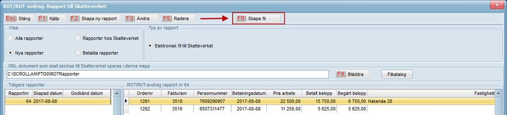 Skapa ROT/RUT-rapport på fil till Skatteverket Skapa ROT/RUT-rapport på fil Gå in på Program Kundreskontra ROT/RUT-avdrag - Rapport till Skatteverket Första gången filen skapas frågar Scrollan om du