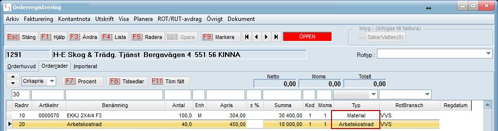 2. Skapa order och registrera ROT-avdrag Skapa ny order och registrera orderrader Gå in under Program - Order - Registrera order - klicka