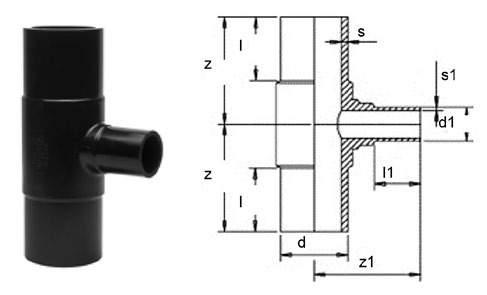 Ulefos PE-rördelar T-RÖR FÖRMINSKNING nyhet T-rör, förminskning, formsprutad PN10 PE100 SDR 17 RSK-nr Art-nr d d1 s s1 l z l1 z1 kg/st Förpackn st kartong 240 91 55 P211-110063 110 63 6,6 5,8 83 163