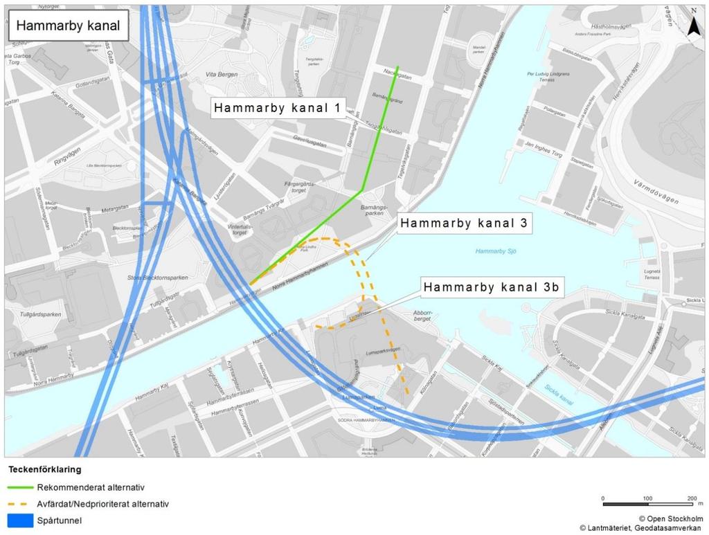 3.2 Station Hammarby Kanal Beskrivning och fakta Figur 3. Station Hammarby Kanal. Alternativ 1 Kvarteret Persikan, alternativ 3 Lumagaraget och alternativ 3b Kajen. Tabell 13.