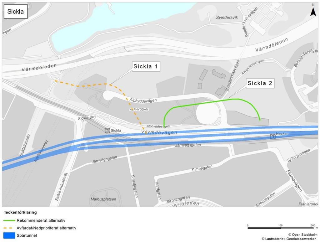 3.3 Station Sickla Beskrivning och fakta Figur 5. Station Sickla, alternativ 1 Söder om Värmdöleden, alternativ 2 Alphyddan Parkeringsgarage. Tabell 17.