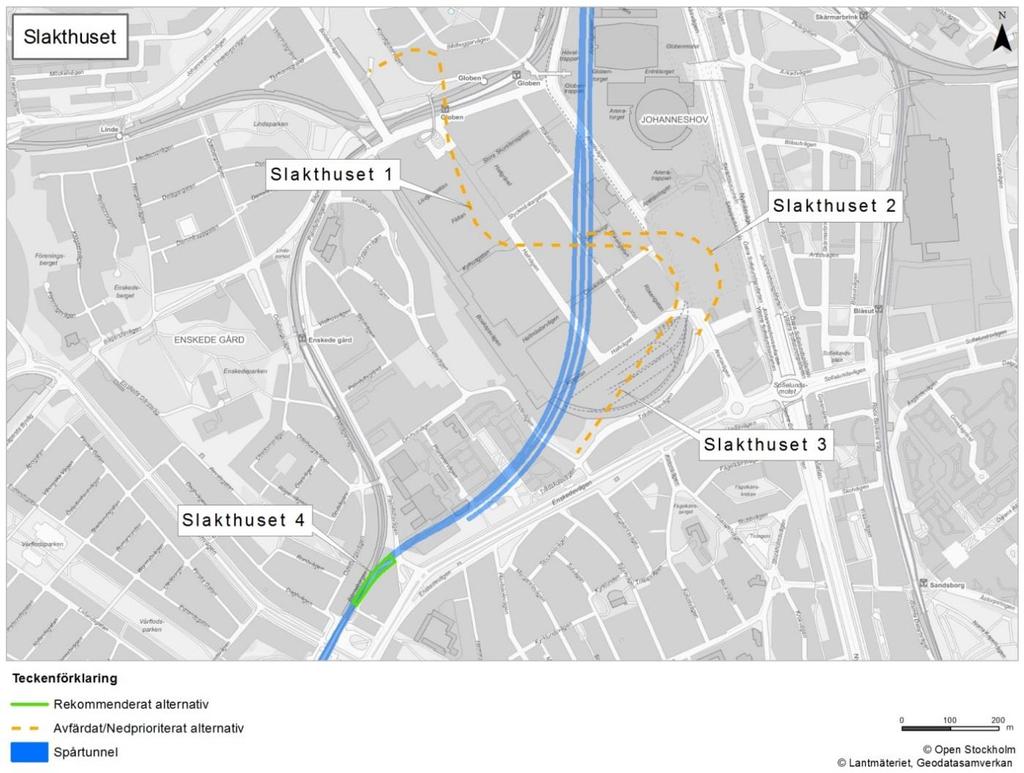 3.7 Ny station i Slakthusområdet Beskrivning och fakta Figur 9. Ny station i Slakthusområdet, alternativ 1 Bolidenvägen, alternativ 3 Trädskolevägen och alternativ 4 Direkt tunneldrivning från söder.