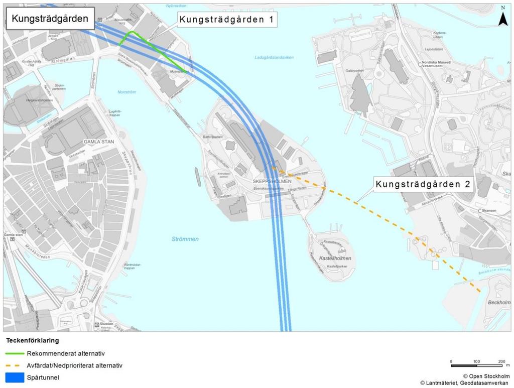 3.8 Anslutning Kungsträdgården (Blasieholmen) Beskrivning och fakta Figur 10. Anslutning Kungsträdgården med alternativ 1 Befintlig arbetstunnel Blasieholmen och alternativ 2 Docka på Beckholmen.