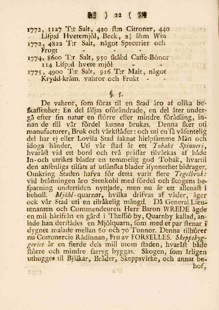 12 1772, 1127 T:r Salt, 420 ft:n Citroner, 440 Lifpjd Hvetemjöl, Beck, ai åhm Win 1772, 4822 T:r Salt, något Specerier och Frugt - - - 1774, 8600 T:r Salt, 950 fkål;d Caffe-Bönor 114 Lifp-.