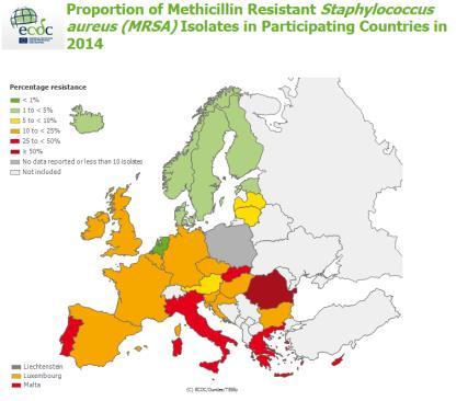 Fördelning av ESBL inom EU 2014 Fördelningen av MRSA-isolat inom EU under 2014 Fördelning av ESBL inom EU under 2012 Sambandet antibiotikaförskrivning