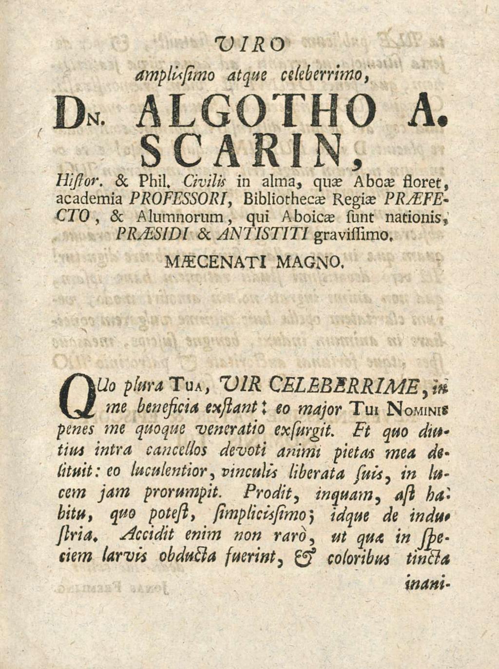 VIRO amplispmo atque celeberrimo, On. algo rh0 A* scarin, Uijsor. &. Phil.