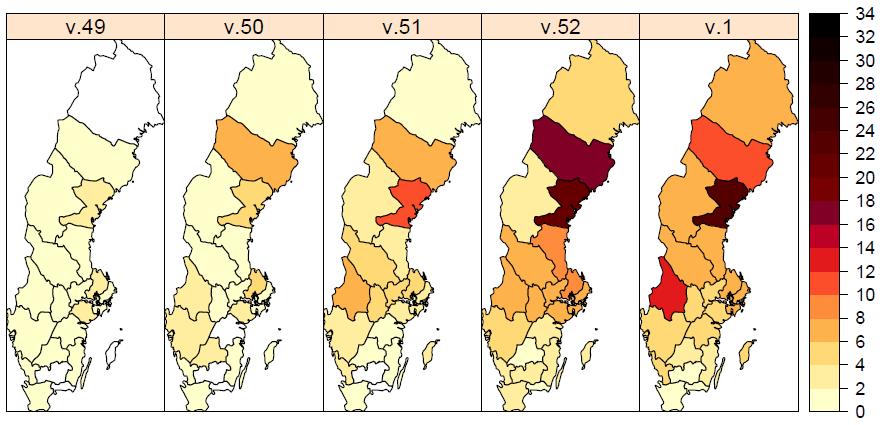 Figur 2. Antal laboratorieverifierade influensafall (alla typer) per län och 100 000 invånare.