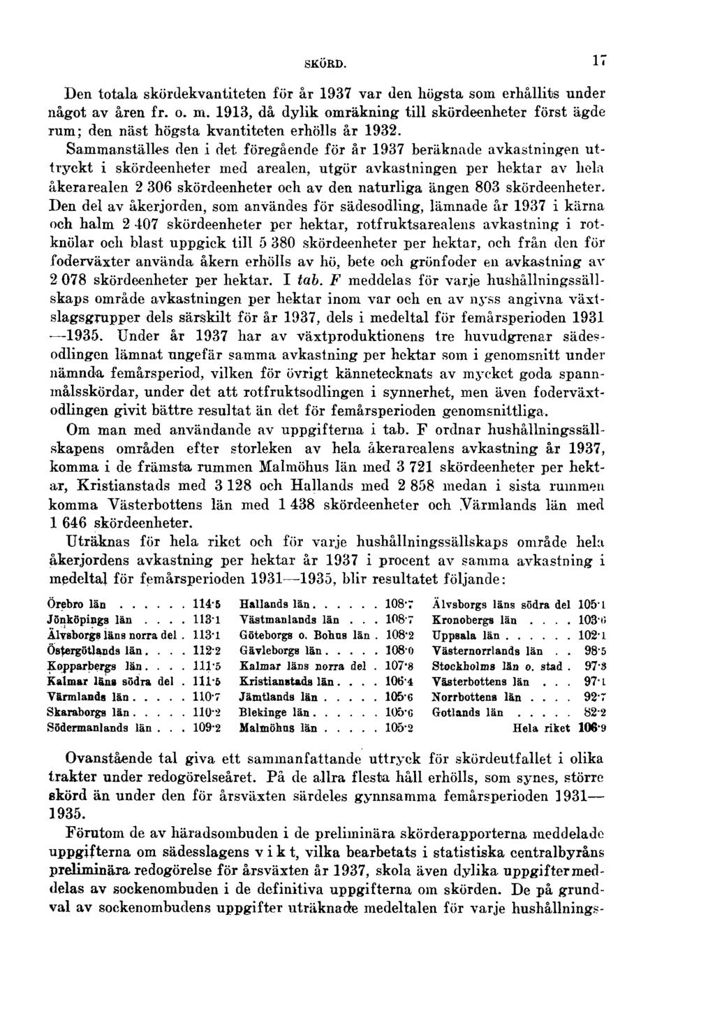 SKÖRD. 17 Den totala skördekvantiteten för år 1937 var den högsta som erhållits under något av åren fr. o. m.