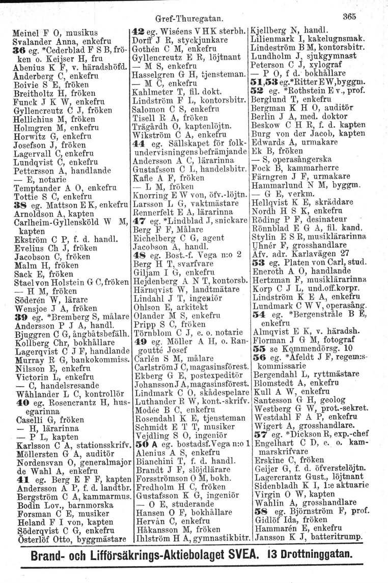 Gref-Thuregatan. 365 Meinel F 0, musikus 42 ego Wiseens V HK sterbh. Kjellberg N, handl. Svalander Anna, enkefru Dorff J R, styckjunkare Lilienmark I, kakelugnsmak.