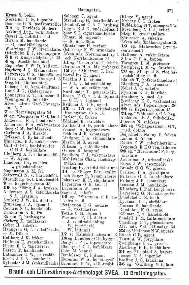 Hamngatan. 371 Kruse S, bokh. Saloman J, agent Kluge M, agent N orströrn C G, ingeniör Strandberg H, distriktsläkare Nyberg C C, fröken Samsioe G N, postkontrollör Svinhufvud C A C, brukseg.