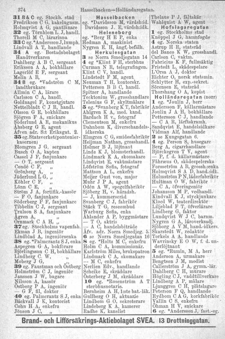 374 Hasselbacken-e Holländaregatan. 31 B & eeg. Stockh. stad H a s s e Ib a c k e n Thelaus P J, fältskär Fredrikson e G, kakelugnsm. ego "Davidsson M, värdshrid.