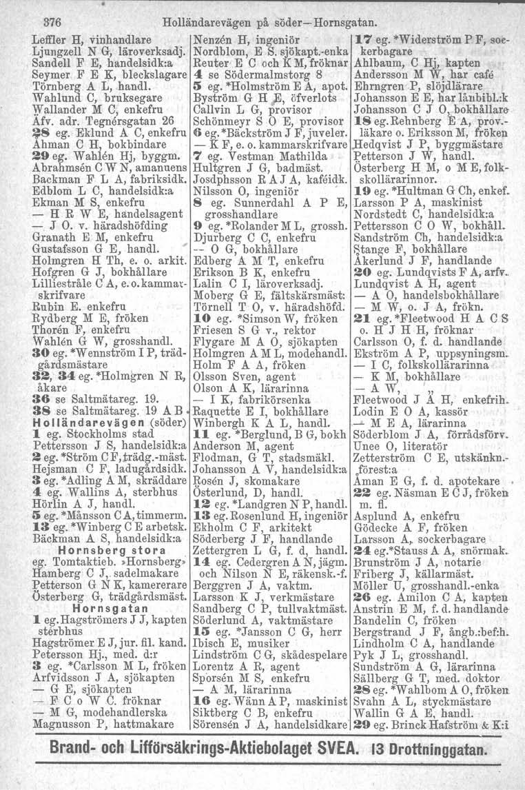 376 Holländarevägen på söder- Hornsgatan. Left1er H, vinhandlare Nenzen H, ingeniör - 17 ego"'widerström P F, soe- Ljungzell N G, läroverksadj. Nordblom, E S. sjökapt.