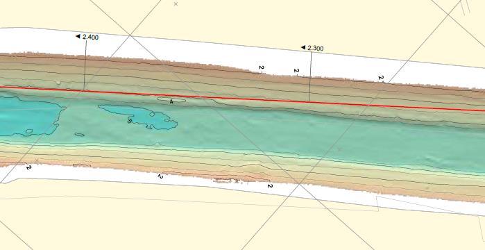 Figur 5. Urklipp ur MMTs karta (102521-SWE-MMT-SUR-DWG-AL000003) med resultat från lodning av Lidan. Utskrivna höjder refererar till vattenståndet i Vänern (+44.1 m, RH2000).