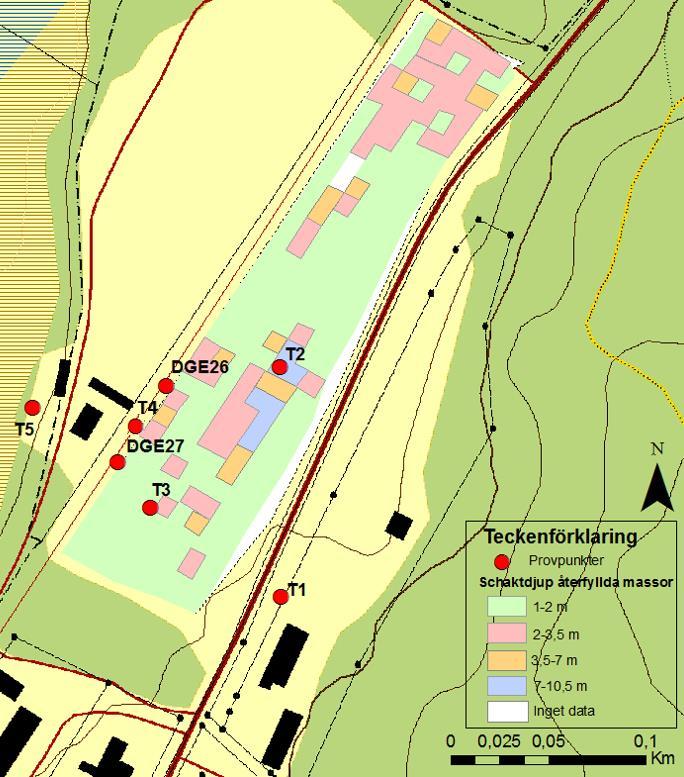 Figur 3. Karta över impregneringsområdet. Provpunkter (röda punkter) för jord och grundvatten T1-T5, DGE26 och DGE27 utsatta.