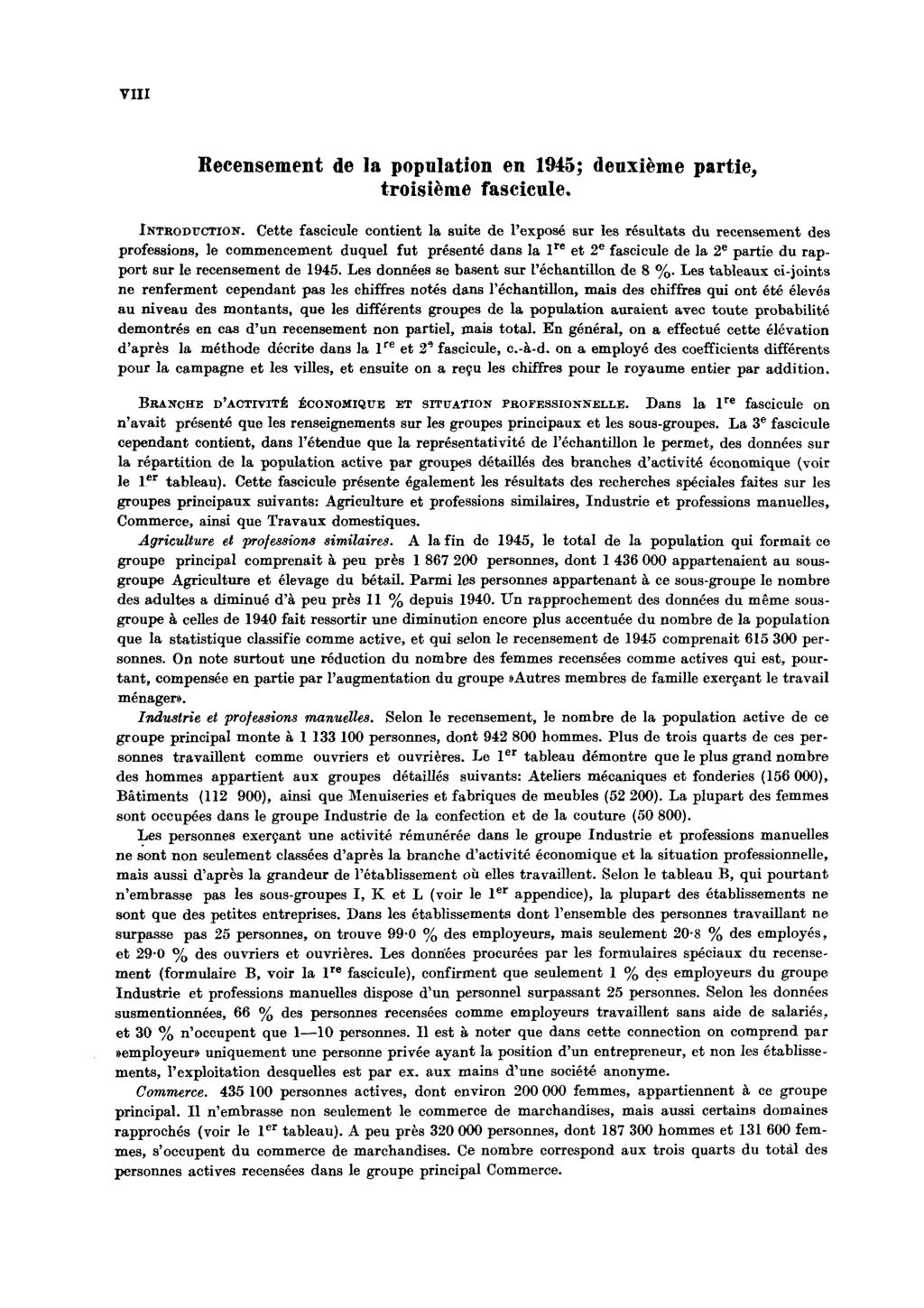 VIII Recensement de la population en 1945; deuxième partie, troisième fascicule. INTRODUCTION.